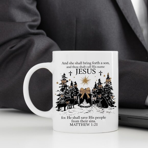 ✨ Jesus Nativity Scene Mug - Matthew 1:21 Scripture - 11oz White Ceramic Coffee - Picture 3 of 4